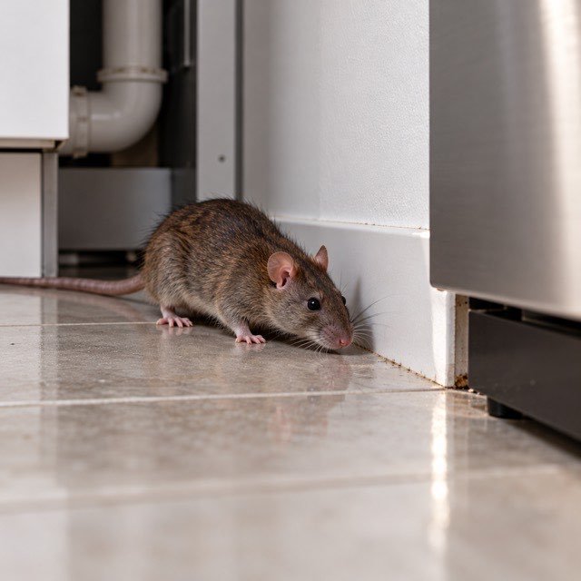 Rat brun longeant une plinthe sous un meuble de cuisine
