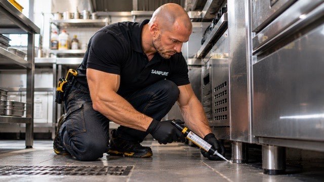 Technicien SANIPURE à genoux appliquant du gel au pied d’un meuble de cuisine professionnelle