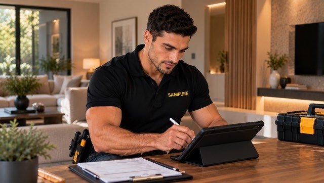 Technicien SANIPURE rédigeant un compte rendu sur tablette