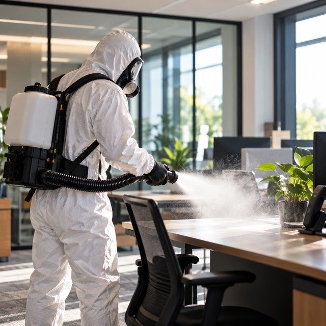 Technicien en combinaison et masque intégral pulvérisant un désinfectant dans un espace de bureaux
