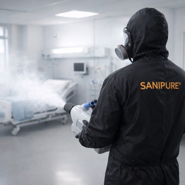 Technicien SANIPURE en combinaison et masque intégral nébulisant un désinfectant dans une chambre de soins