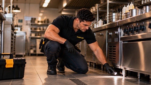 Technicien SANIPURE inspectant à la lampe le dessous des fourneaux d’une cuisine professionnelle