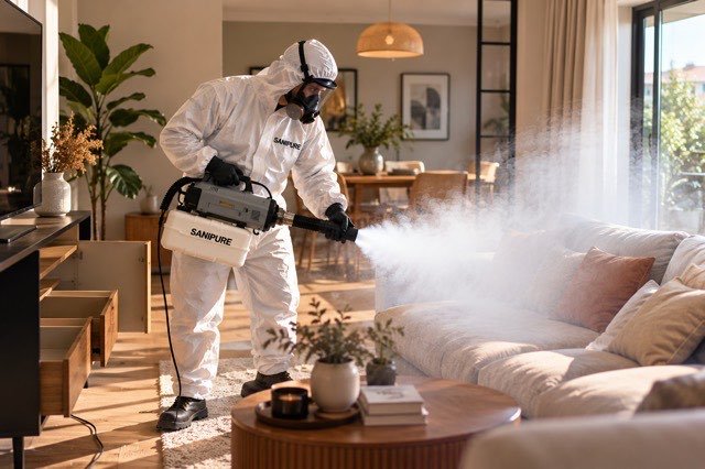 Technicien SANIPURE en combinaison et masque intégral nébulisant un séjour, tiroirs ouverts