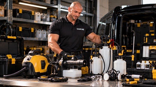Technicien SANIPURE préparant pulvérisateurs, nébuliseur, générateur de vapeur et équipements de protection devant un utilitaire
