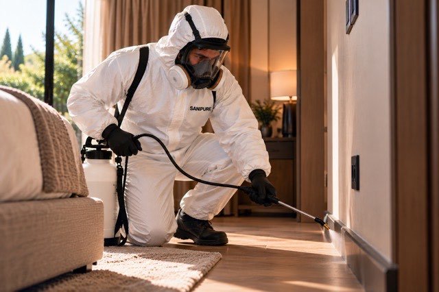 Technicien SANIPURE en combinaison et masque intégral pulvérisant le long d’une plinthe