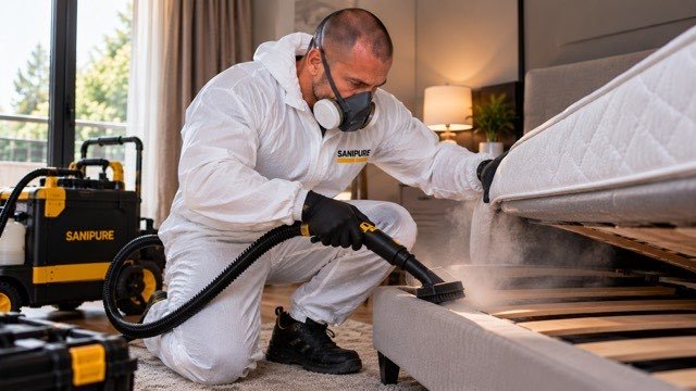 Technicien SANIPURE en combinaison et demi-masque traitant un sommier à la vapeur sèche